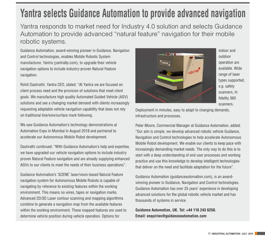 Yantra selects Guidance Automation to provide advanced navigation - Industrial Automation Magazine - July 2019