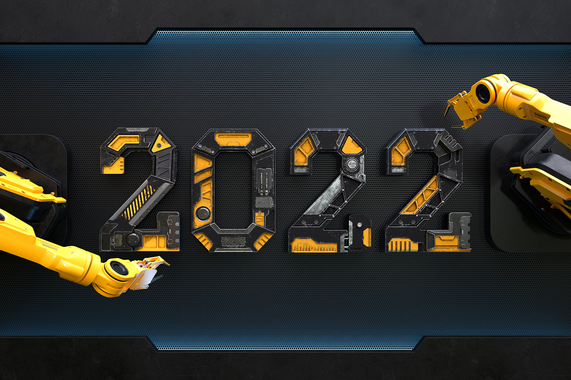 Robot arm is assembling the numbers 2022.