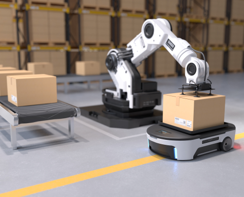 The Robot arm picks up the box to Autonomous Robot transportation in warehouses, Warehouse automation concept