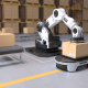 The Robot arm picks up the box to Autonomous Robot transportation in warehouses, Warehouse automation concept