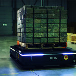 OTTO 1500 Autonomous Mobile Robot (AMR) moving pallets in a warehouse. An example of manufacturing automations and autonomous material handling.