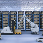 Automatic warehouse concept with 3d rendering robot arm with forklift truck and conveyor belt