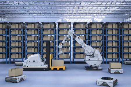 Automatic warehouse concept with 3d rendering robot arm with forklift truck and conveyor belt