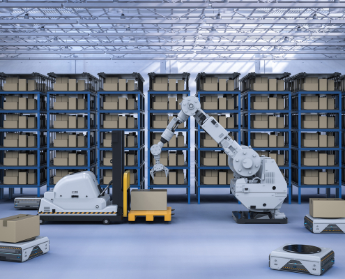 Automatic warehouse concept with 3d rendering robot arm with forklift truck and conveyor belt