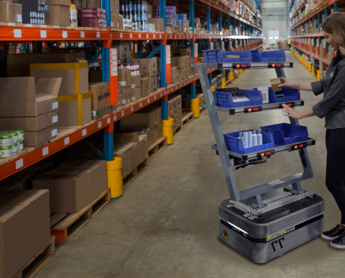 Light directed picking system being udsed in a warehouse. Pick to light system, and put to light system.